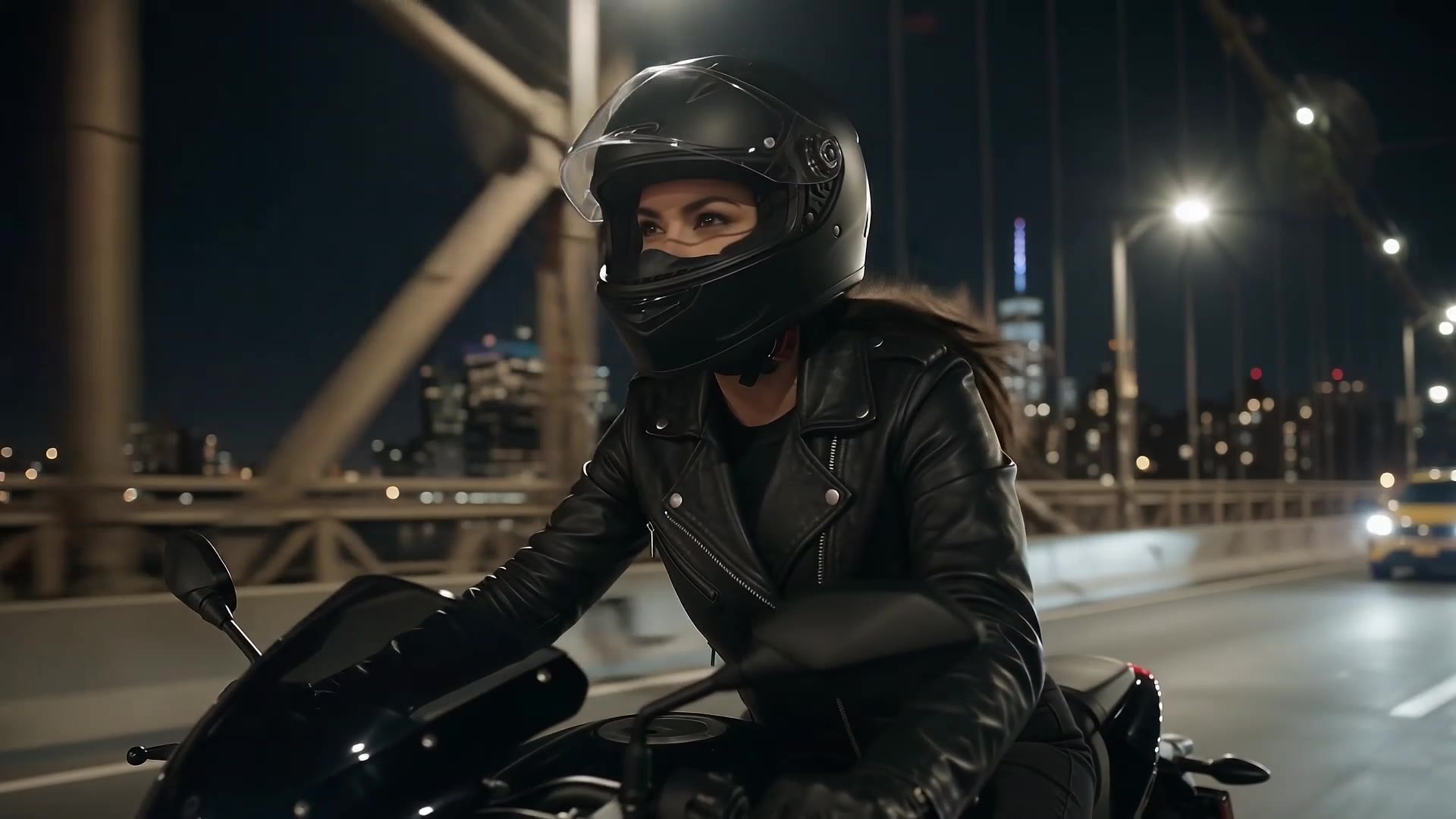 Raven riding her motorcycle through New York at night